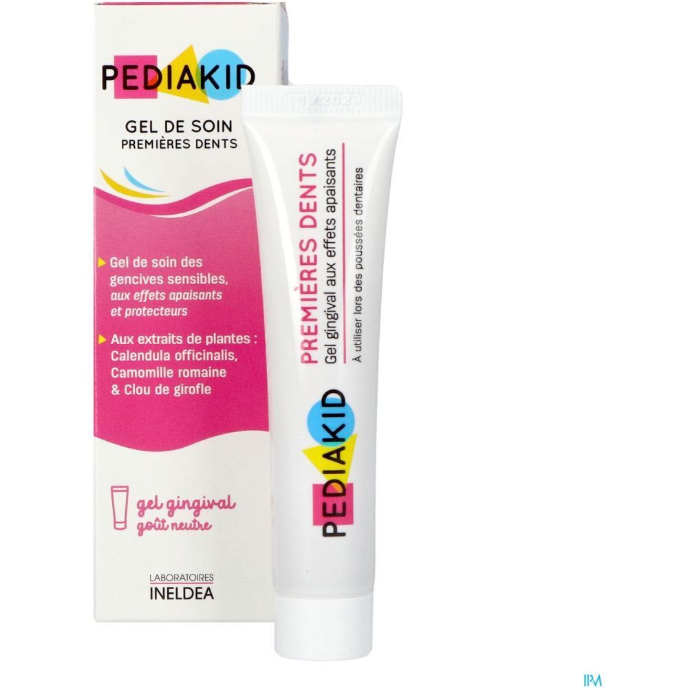 Tube et boîte PEDIAKID Gel de soin Premières Dents. Texte: Premières Dents, Gel gingival. 15 ml.