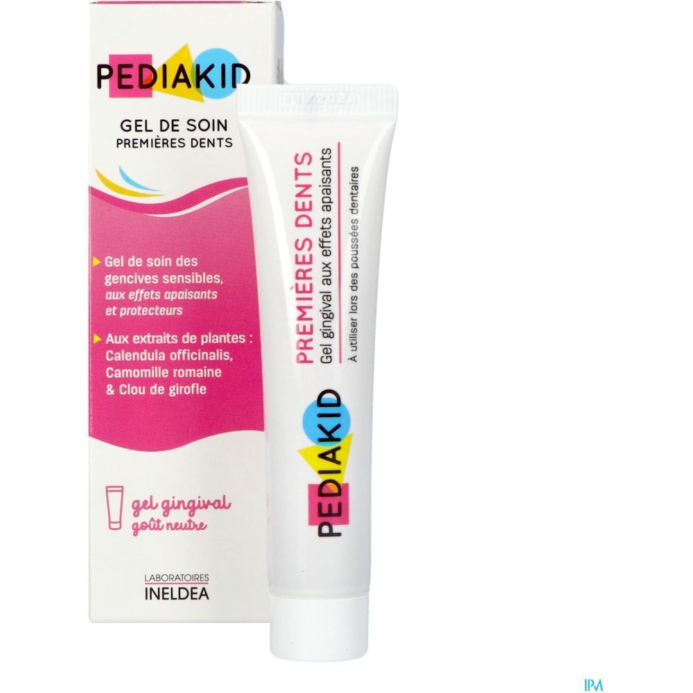 Tube et boîte PEDIAKID Gel de soin Premières Dents. Texte: Premières Dents, Gel gingival. 15 ml.