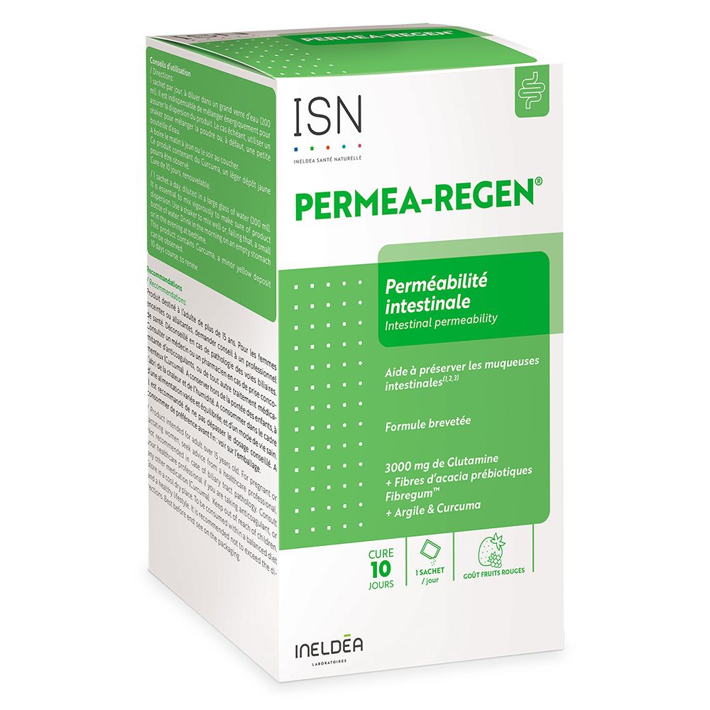 Boîte verte avec texte. Logo ISN, nom du produit, ingrédients et cure de 10 jours. Contient 10 sachets.