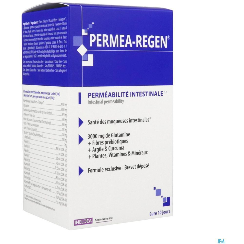 Boîte bleue avec texte. Nom du produit, ingrédients et cure de 10 jours. Logo Ineldea. Ingrédients.