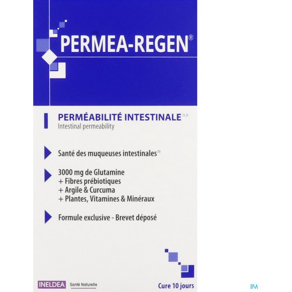 Boîte bleue avec texte. Nom du produit, ingrédients et cure de 10 jours. Logo Ineldea. Emballage bleu.