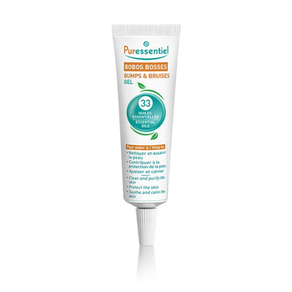 Tube de Puressentiel Bobos Bosses Gel. Contient 33 huiles essentielles. Inscription: 'Bumps & Bruises'.
