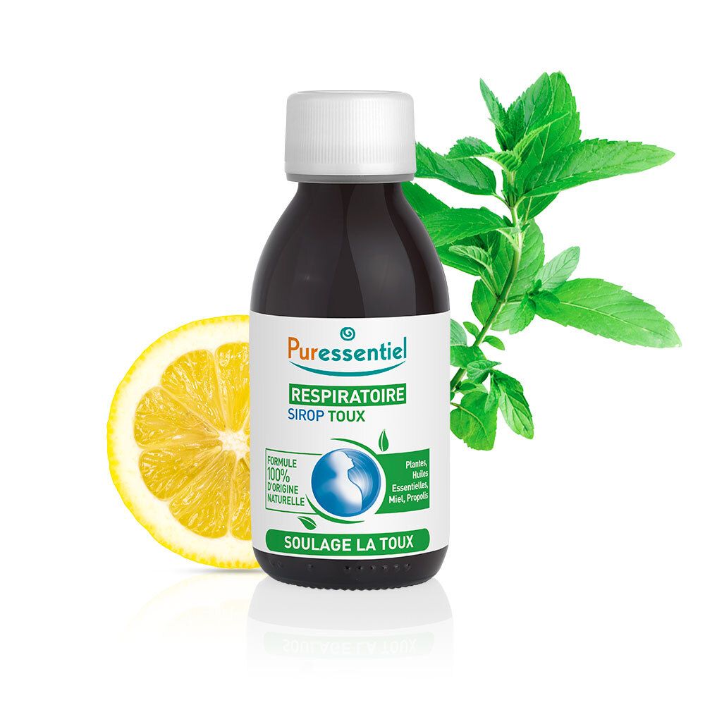 Flacon marron, bouchon blanc. Inscription: Puresentiel Respiratoire Sirop Toux. Avec citron et menthe.