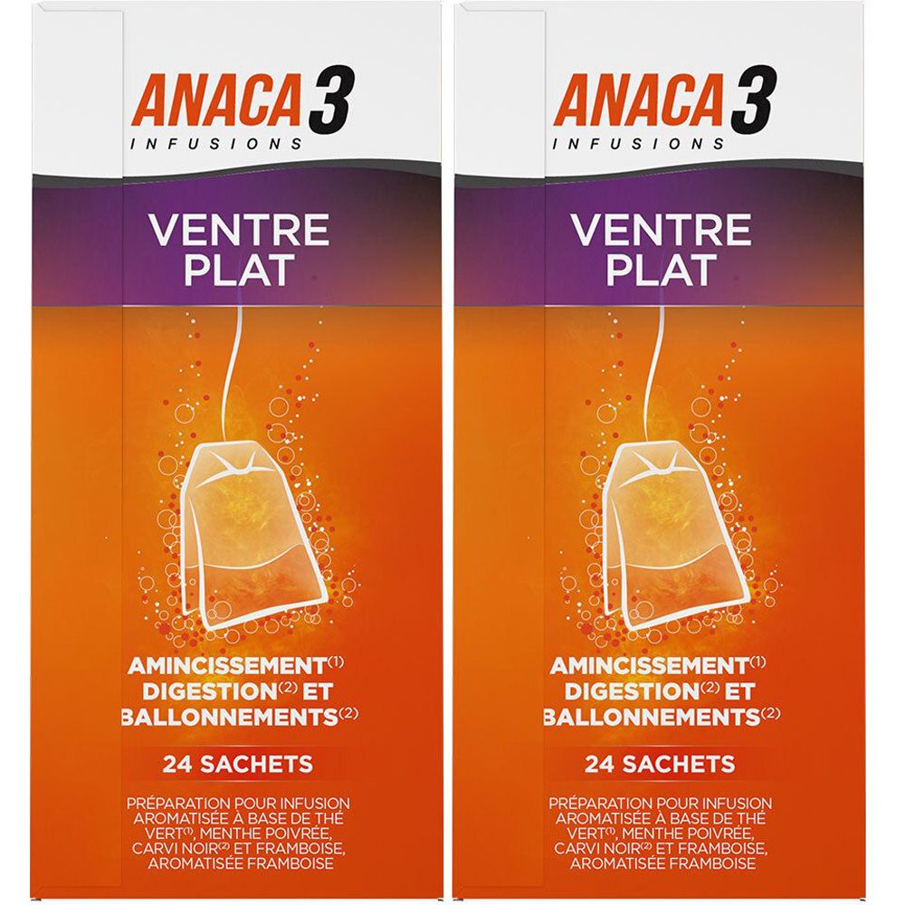 Deux boîtes d'ANACA3 Infusion Ventre Plat. Inscription : 24 sachets. Texte en français.