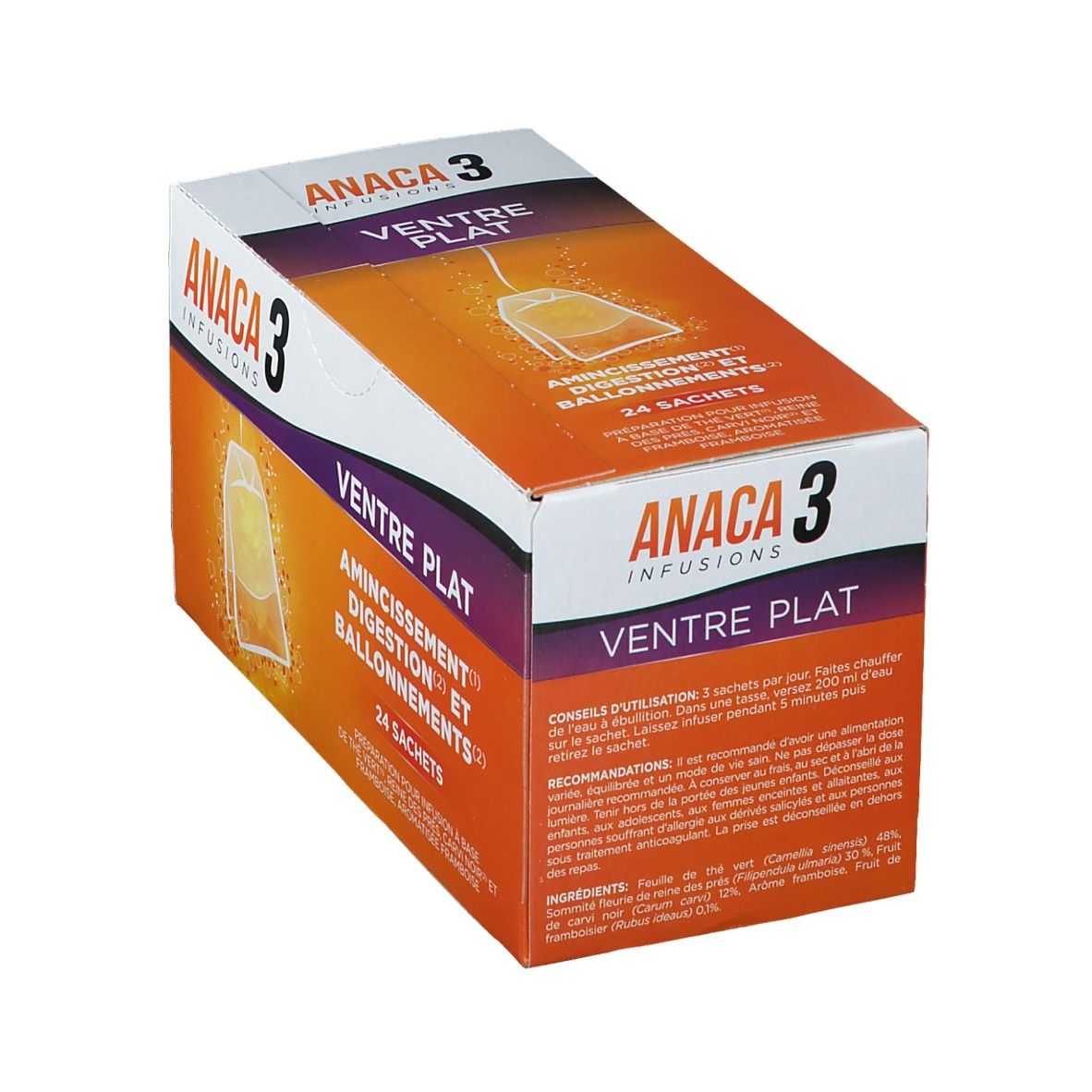 Boîte ANACA3 Infusion Ventre Plat. Inscription : 24 sachets. Vue en angle. Texte en français.