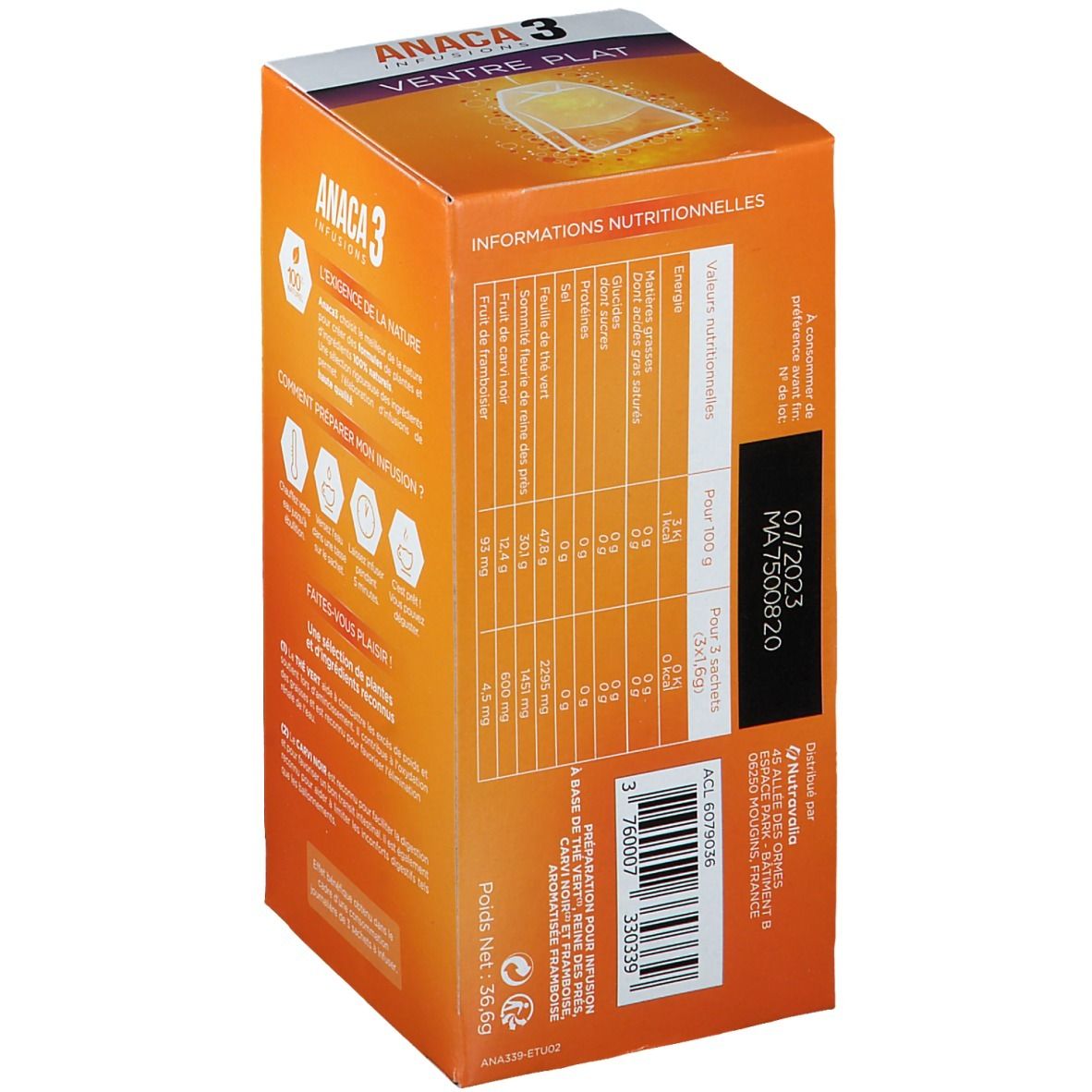 Côté de la boîte ANACA3 Infusion Ventre Plat. Texte en français. Informations nutritionnelles et date de péremption.