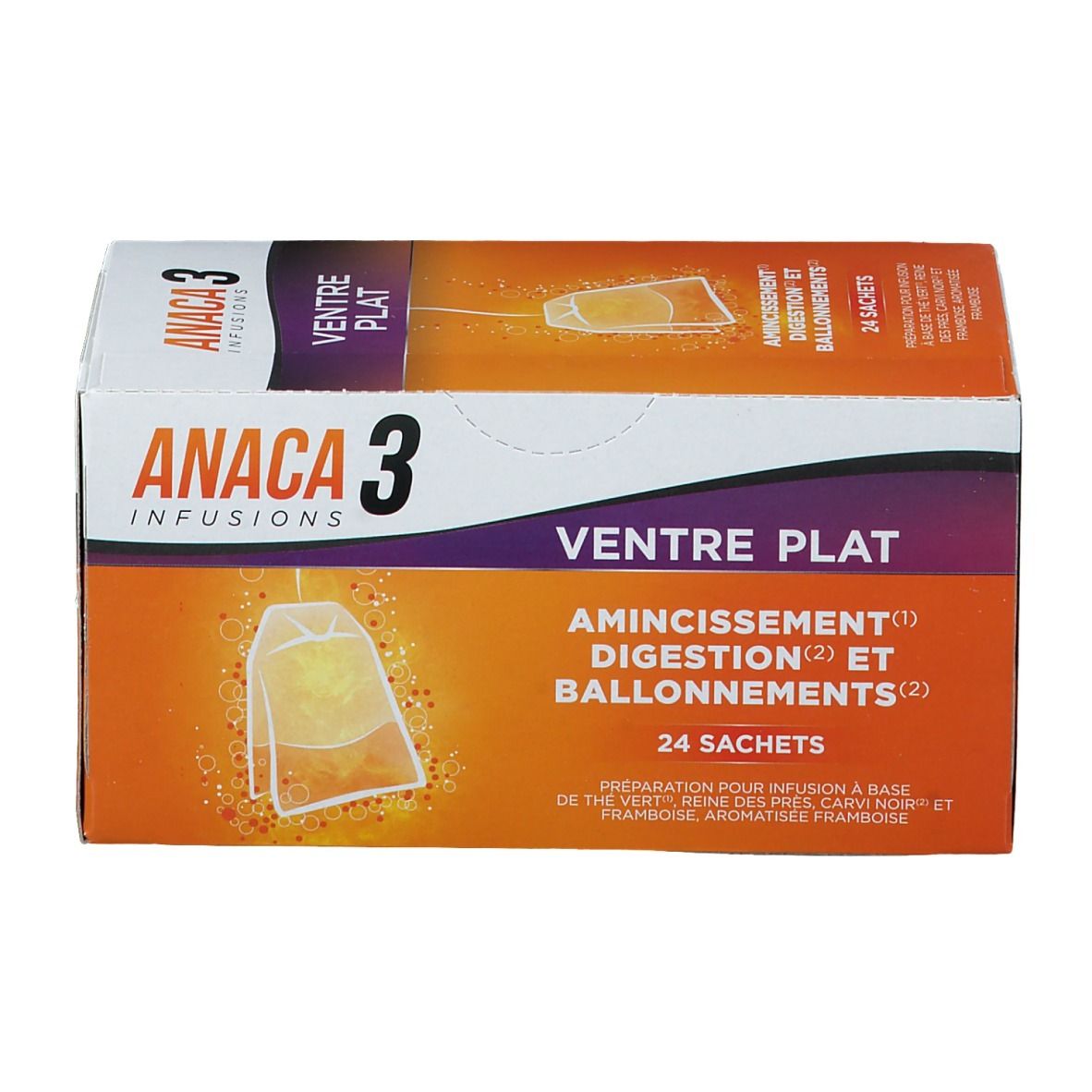 Boîte ANACA3 Infusion Ventre Plat. Inscription : 24 sachets. Vue de dessus. Texte en français.