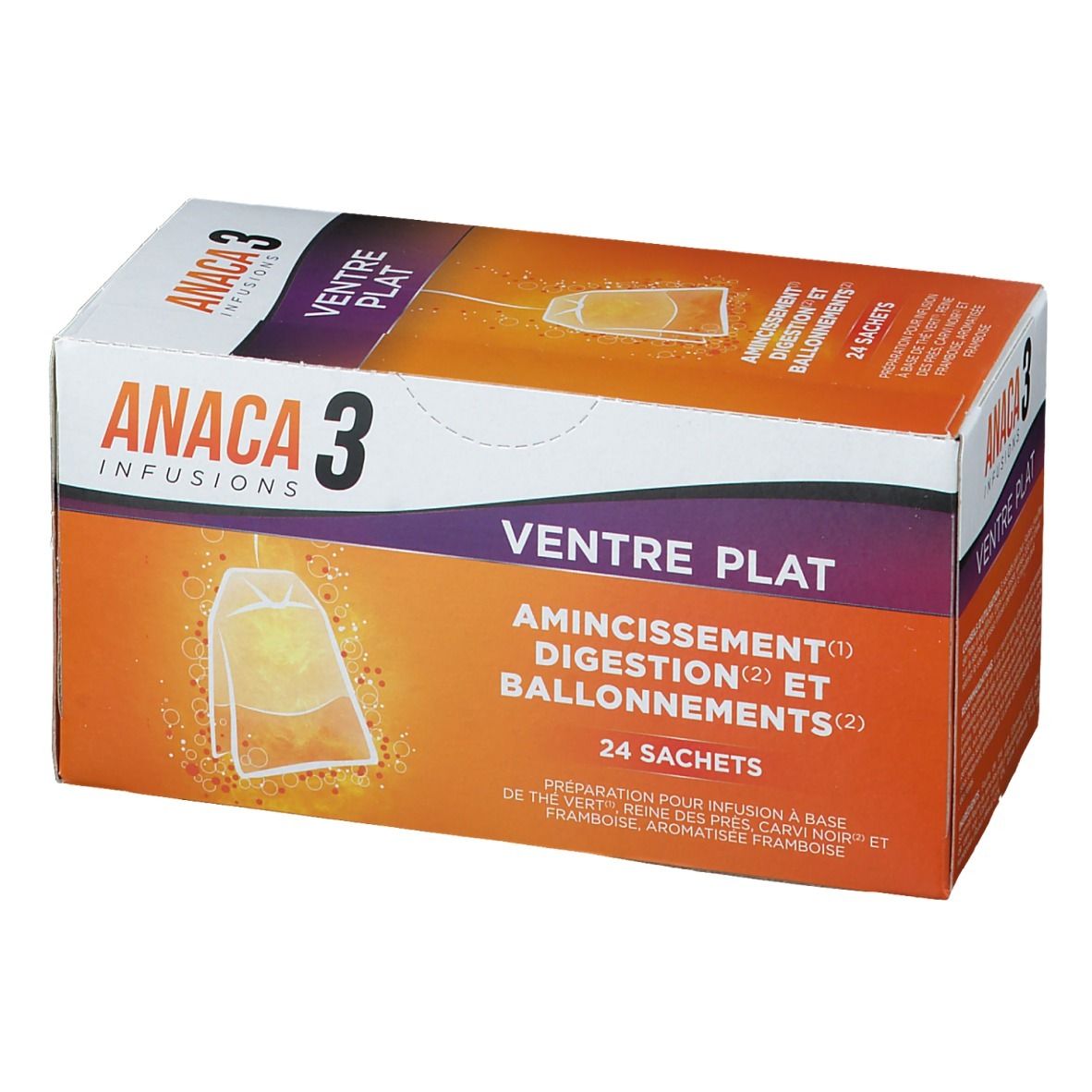 Boîte ANACA3 Infusion Ventre Plat. Inscription : 24 sachets. Vue de dessus. Texte en français.