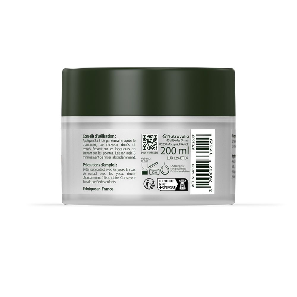 Achterkant van Luxéol Repair Mask. Witte pot met donkergroen deksel. Tekst, QR-code, 200 ml en symbolen.
