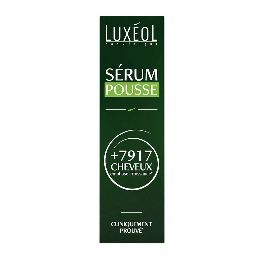 Emballage vert avec informations produit. Inscription: Luxeol Sérum Pousse, +7917 Cheveux, Cliniquement Prouvé.