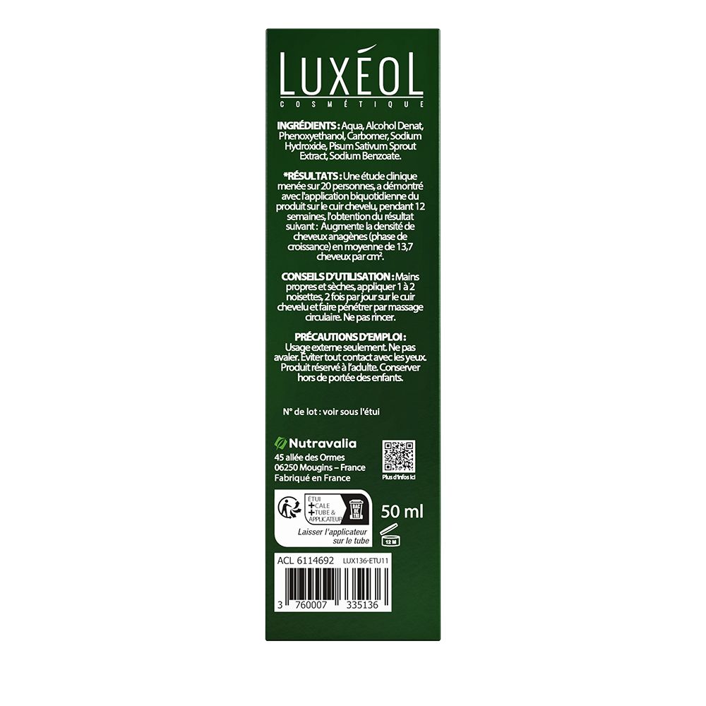 Dos de l'emballage vert. Contient ingrédients, conseils d'utilisation, informations fabricant et QR code.