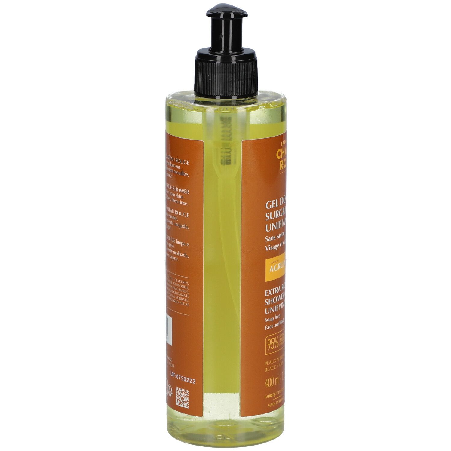 Flacon cylindrique avec pompe noire. Inscription: Château Rouge, Gel Douche Surgras Unifiant, Agrume, 400 ml.