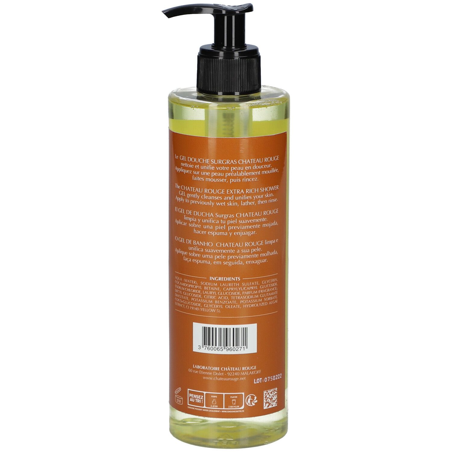 Dos du flacon avec texte. Inscription: Château Rouge, Gel Douche Surgras Unifiant, Agrume, ingrédients, 400 ml.