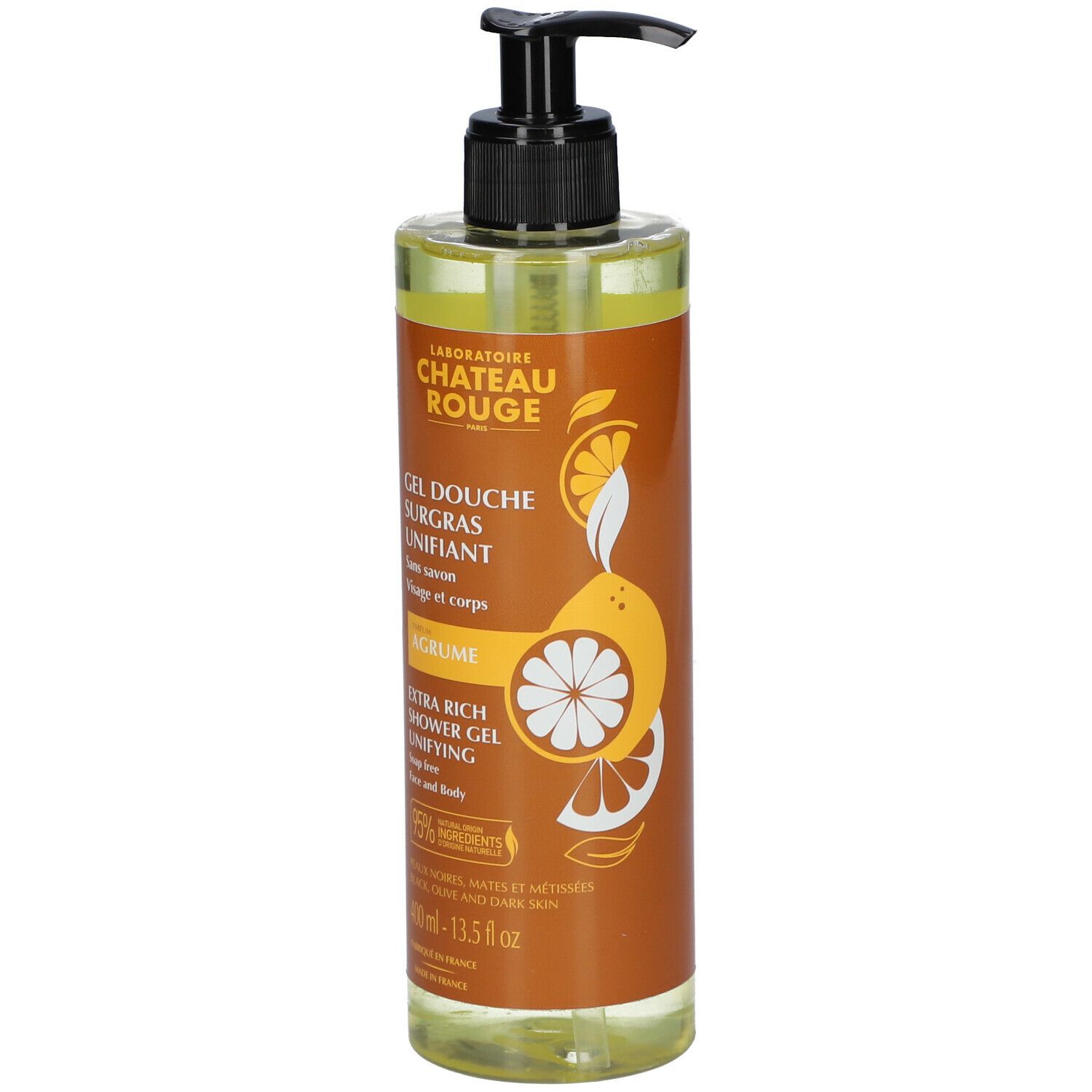Flacon de gel douche avec pompe noire. Inscription: Château Rouge, Gel Douche Surgras Unifiant, Agrume, 400 ml.