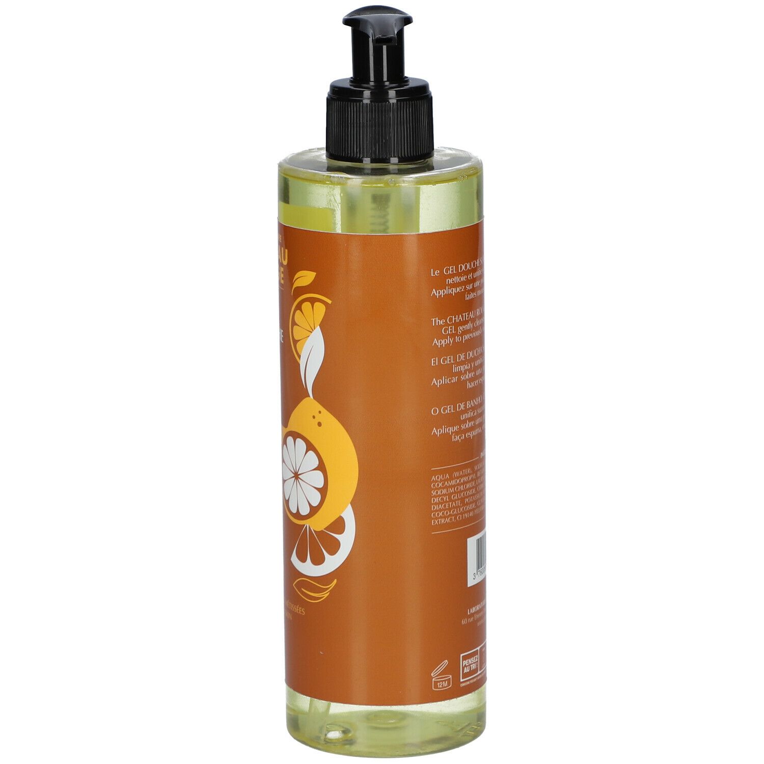 Dos du flacon avec texte. Inscription: Château Rouge, Gel Douche Surgras Unifiant, Agrume, ingrédients, 400 ml.