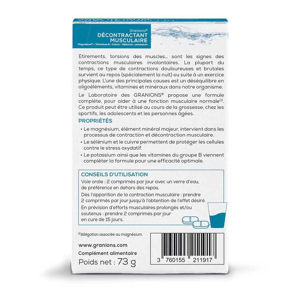 Rückseite der weißen Schachtel. Enthält Informationen zu Inhaltsstoffen und Anwendung. Marke Granions®.