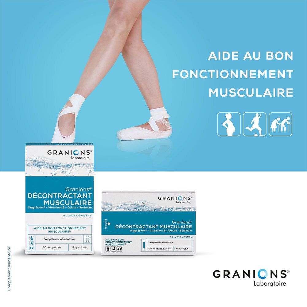 Beine mit Ballettschuhen und Produktverpackungen. Granions® Décontractant Musculaire. 2 Schachteln.