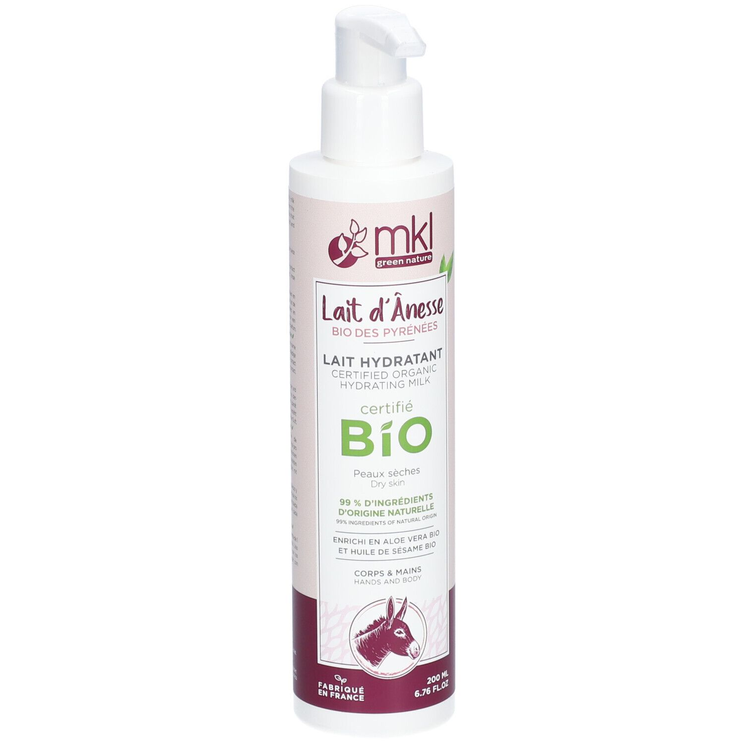 Weiße Flasche mit Pumpe. Aufschrift: Lait d'Ânesse, Bio, zertifiziert. Logo: Bio-Siegel.