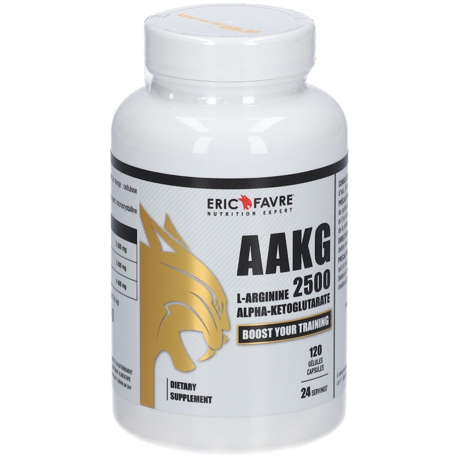 Flacon blanc de supplément avec texte noir et doré. Contient AAKG 2500, 120 gélules. Marque : ERIC FAVRE.