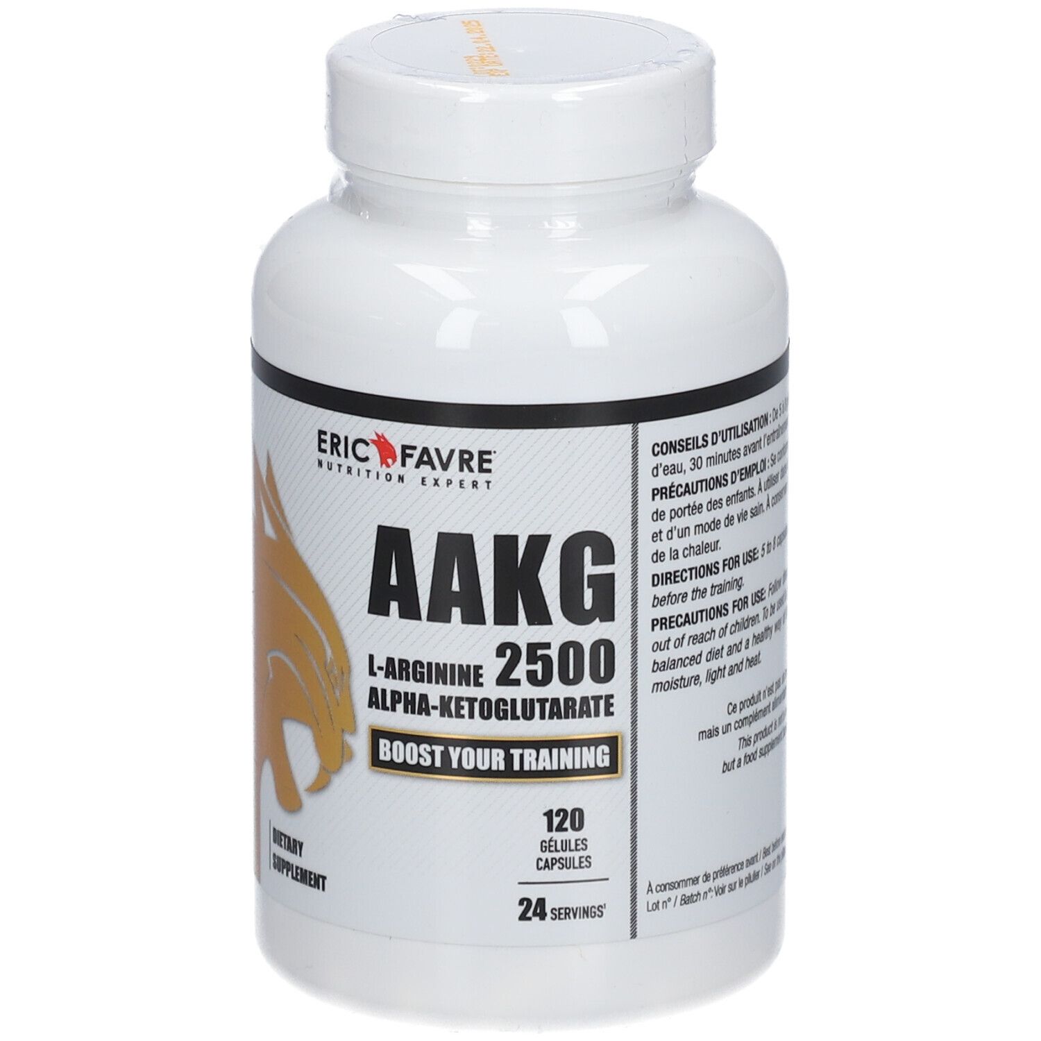 Flacon blanc de supplément avec texte noir et doré. Contient AAKG 2500, 120 gélules. Marque : ERIC FAVRE.