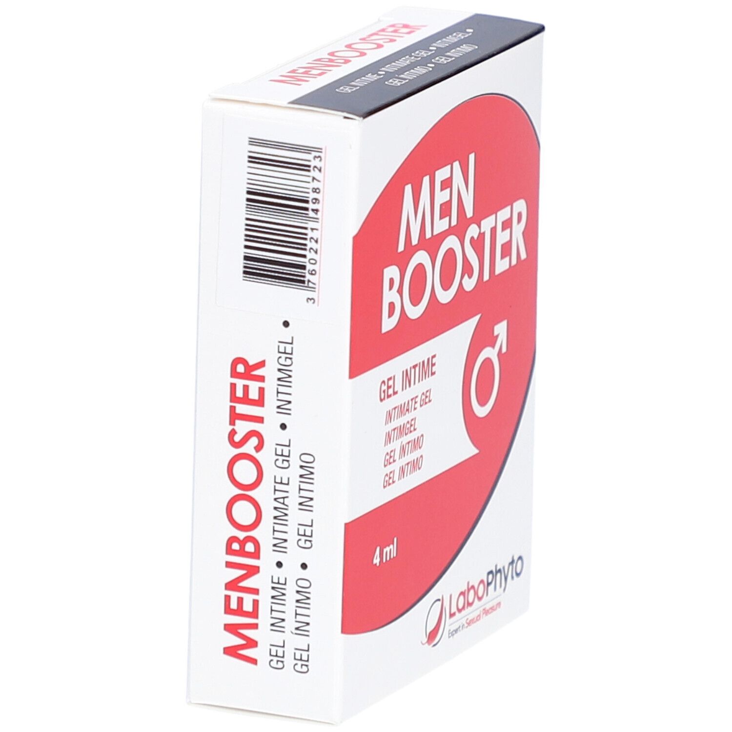 Doosje "MEN BOOSTER". Barcode. LaboPhyto logo. "GEL INTIME".