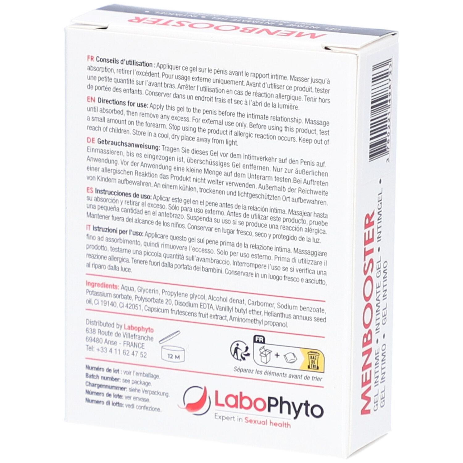 Achterkant "MEN BOOSTER" verpakking. Meertalige tekst. LaboPhyto logo.