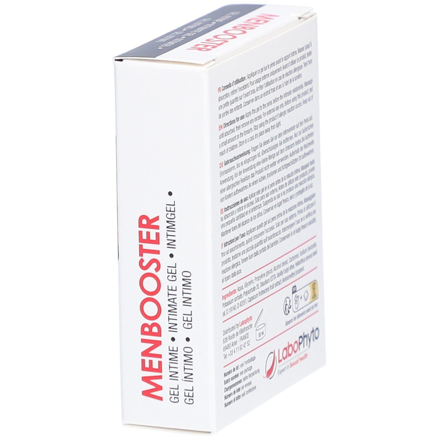 Zijkant "MEN BOOSTER" verpakking. Meertalige tekst. LaboPhyto logo.