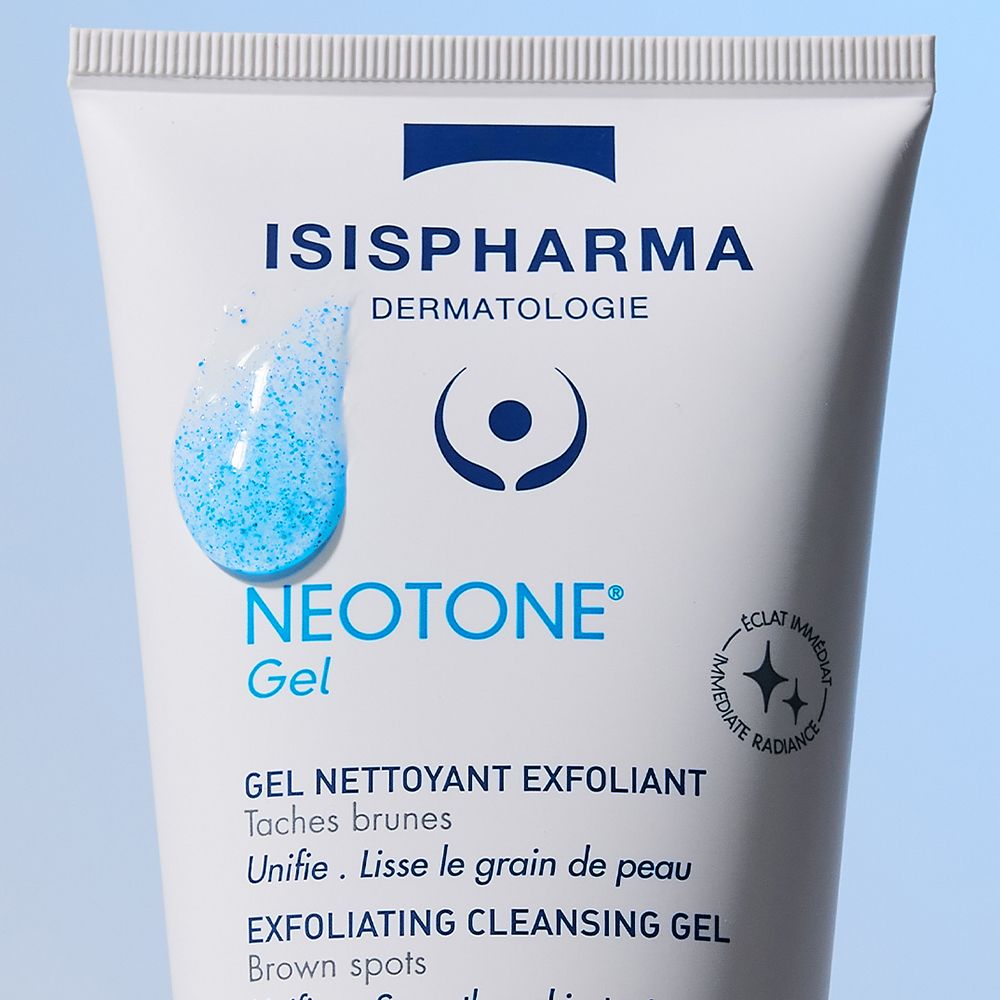Nahaufnahme der Tube. ISISPHARMA, NEOTONE Gel. Blauer Gel-Klecks. Text: Gel nettoyant exfoliant.