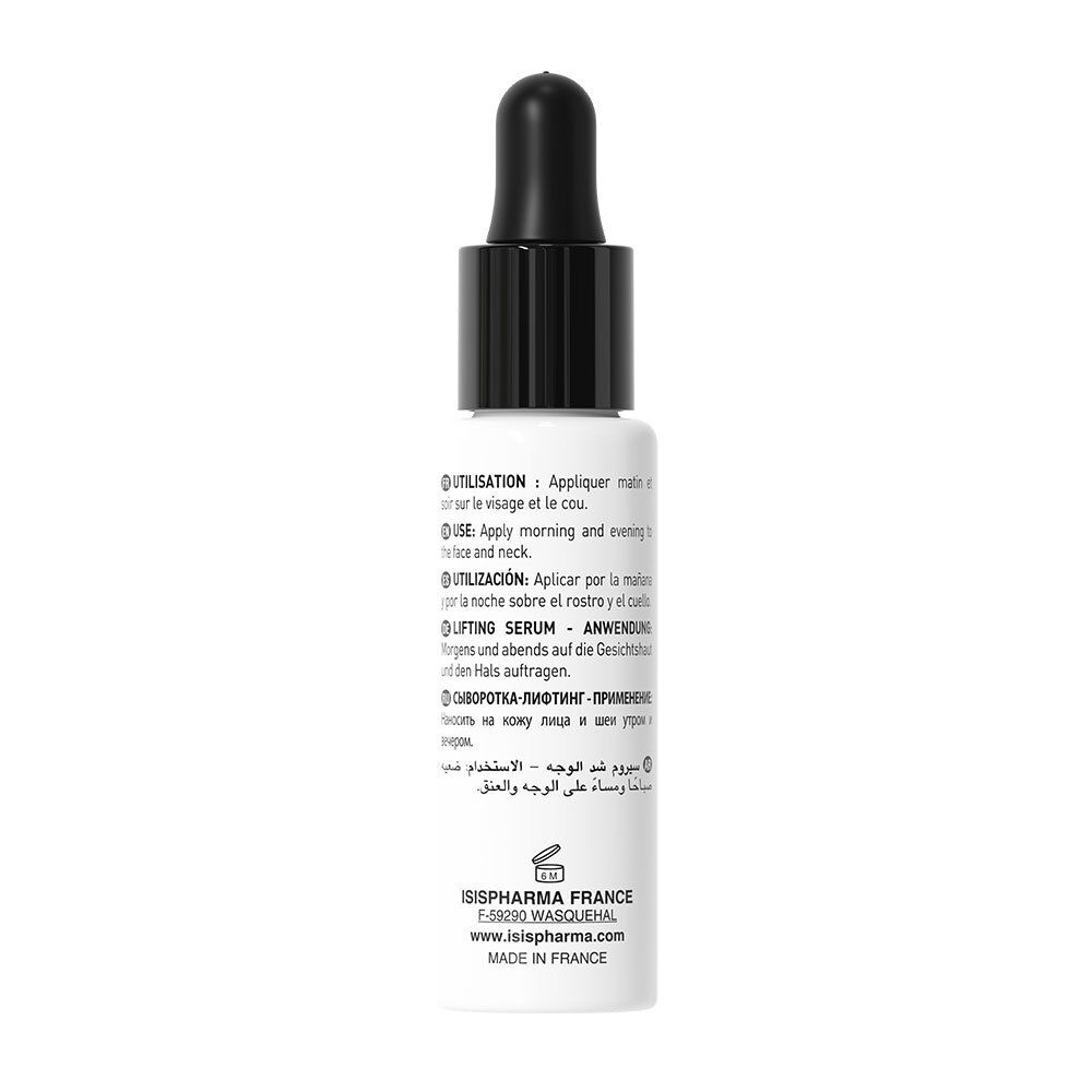 Rückseite der Serumflasche. Text in mehreren Sprachen: Anwendung, Lifting Serum. Marke: ISISPHARMA. Hergestellt in Frankreich.