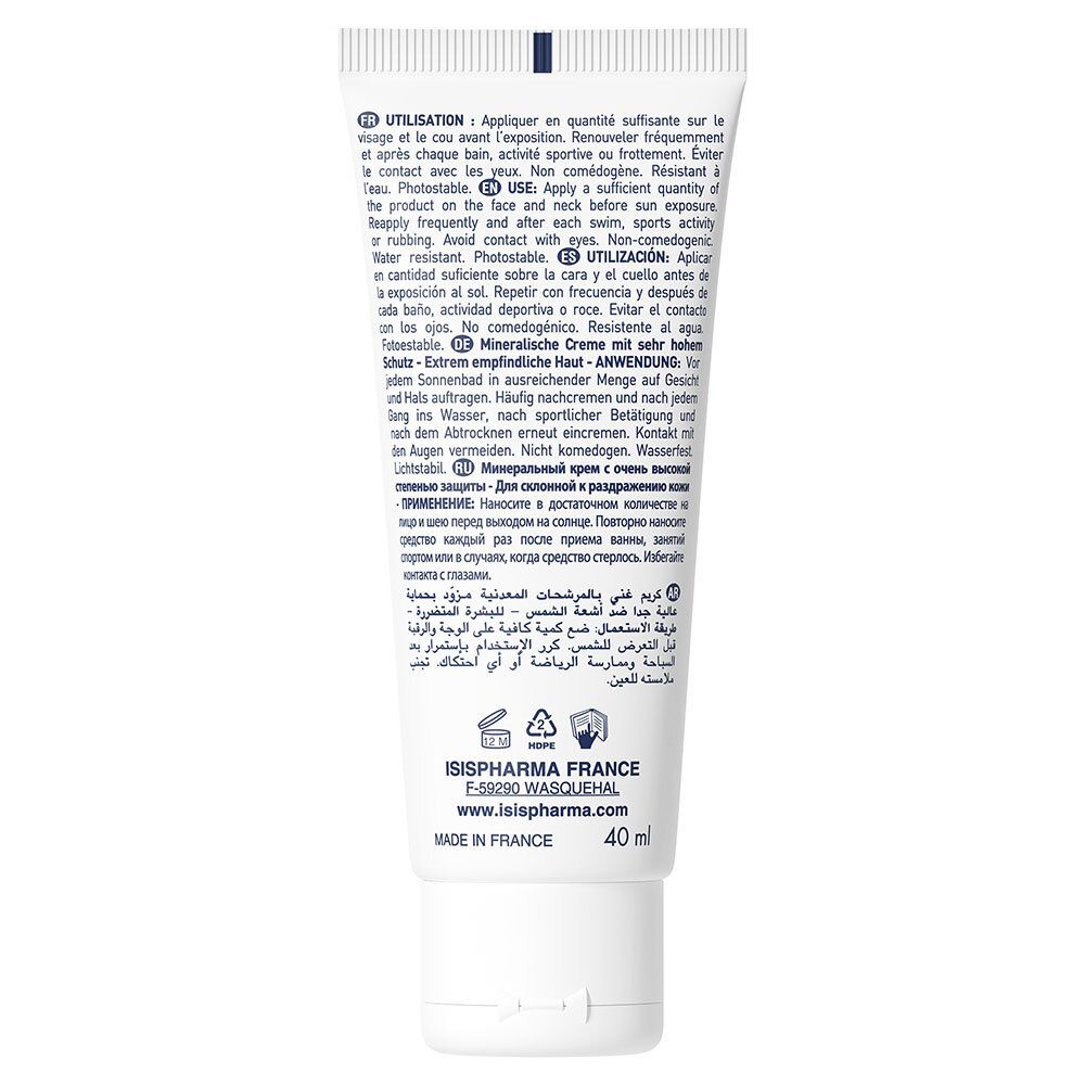 Rückseite der weißen Tube. Text in mehreren Sprachen. Informationen zu Anwendung und Inhaltsstoffen. 40 ml.