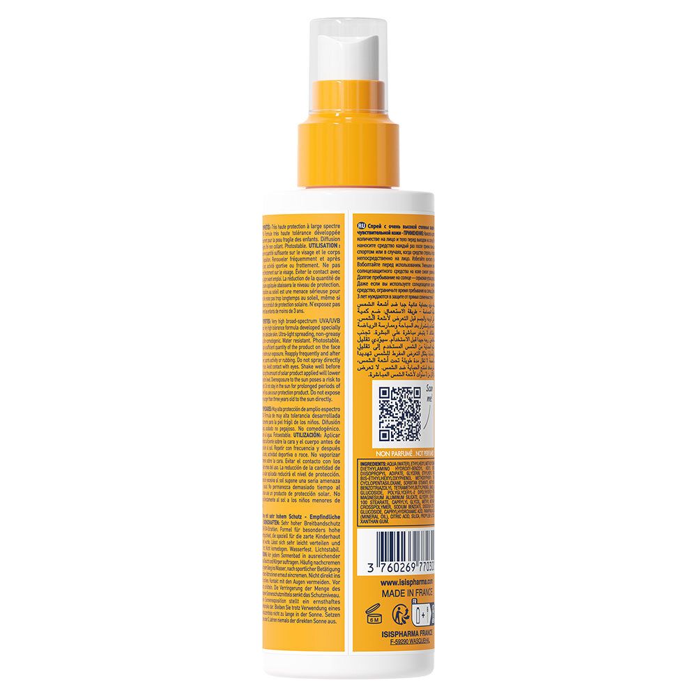Rückseite der Sonnenspray-Flasche. Enthält Text und Barcode. Hergestellt in Frankreich.
