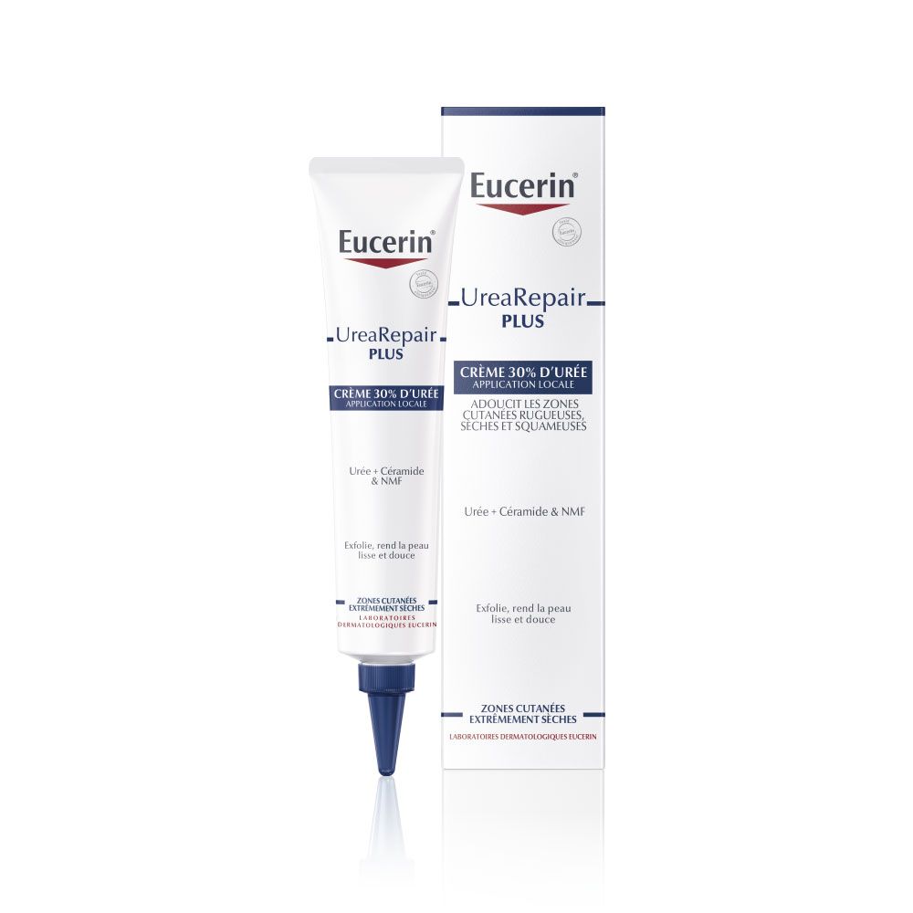 Creme-Tube und Verpackung. Eucerin UreaRepair Plus Creme 30 % Urea. Blaue und weiße Aufmachung.