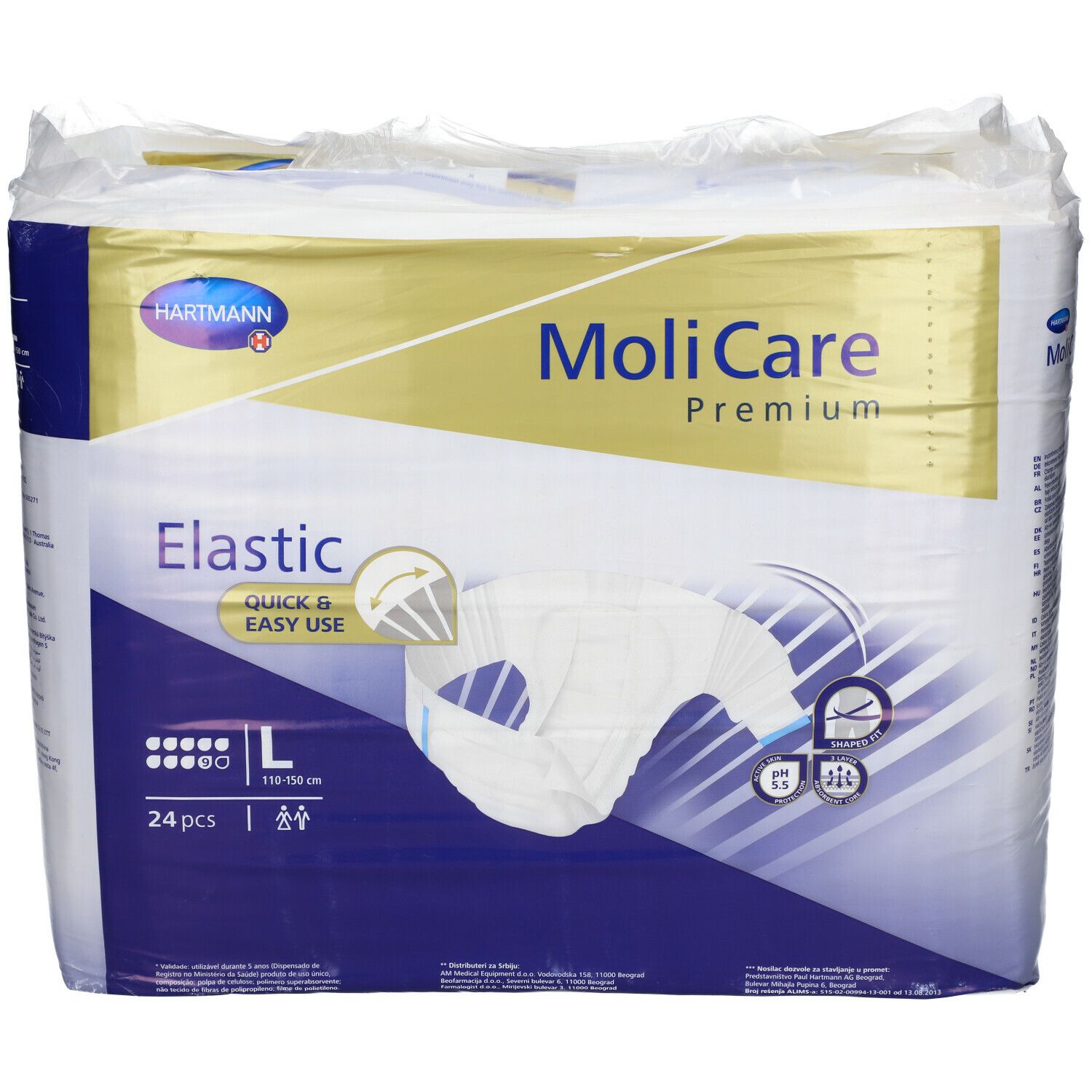 Hartmann MoliCare Premium Elastic. Taille L, 24 pièces. Emballage avec image du produit et logo.