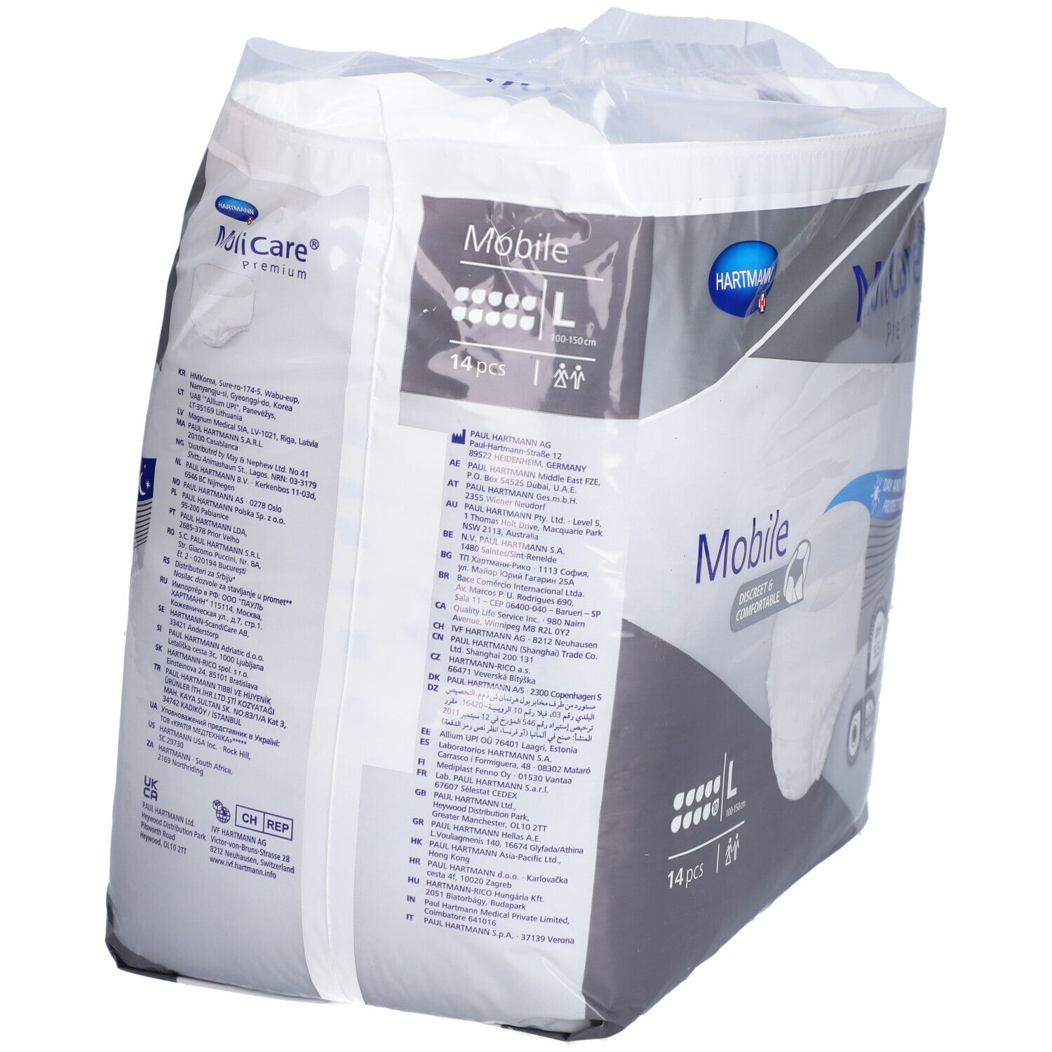 Hartmann MoliCare Premium Mobile. Paquet de 14, taille L. Arrière de l'emballage avec informations et logos.