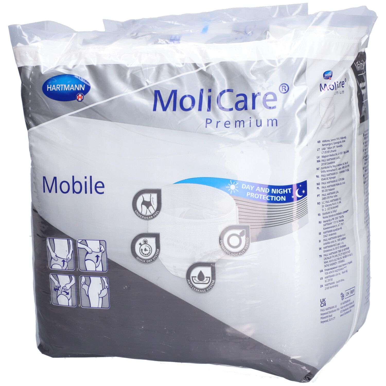 Hartmann MoliCare Premium Mobile. Paquet de 14, taille L. Protection jour et nuit. Illustrations d'utilisation.