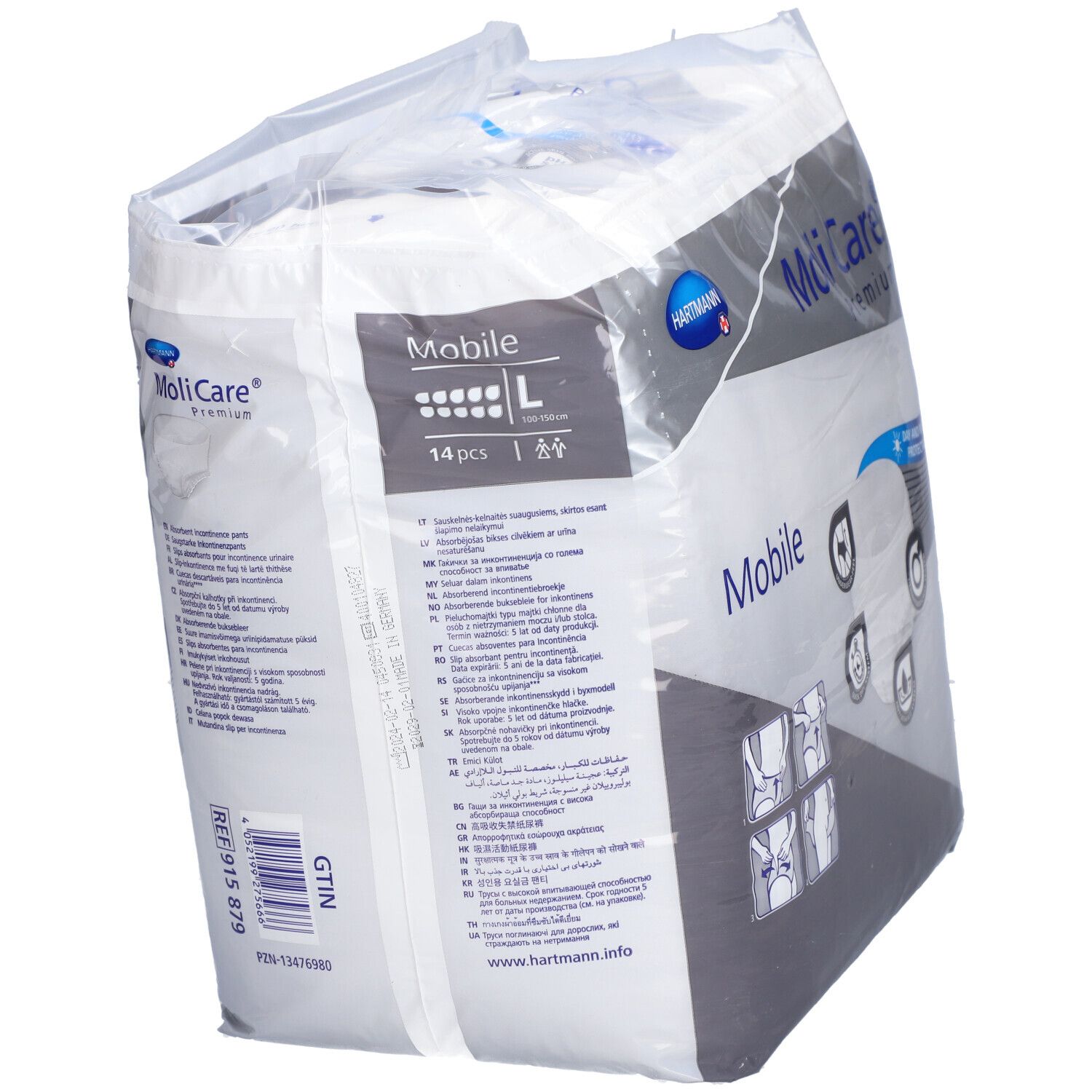 Hartmann MoliCare Premium Mobile. Paquet de 14, taille L. Vue en biais de l'emballage avec informations.