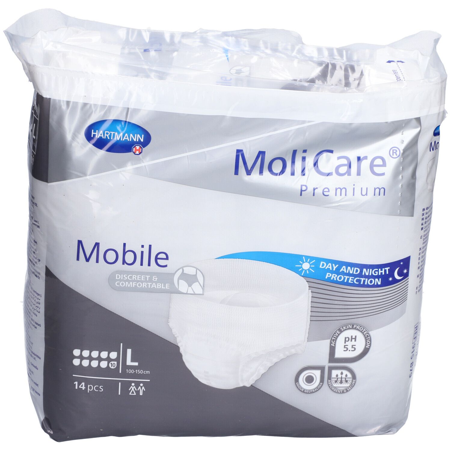 Hartmann MoliCare Premium Mobile. Paquet de 14, taille L. Protection jour et nuit. pH 5,5. Discret et confortable.