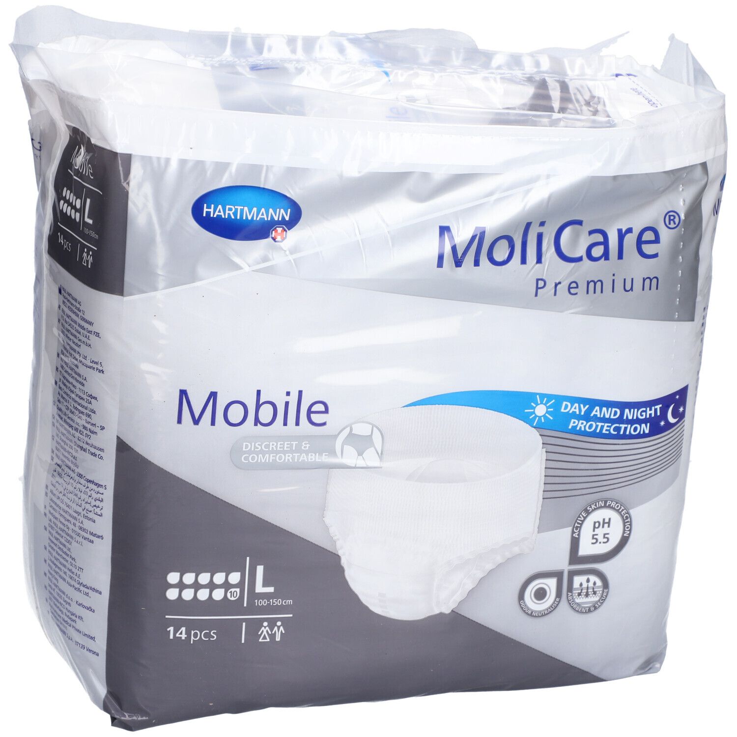 Hartmann MoliCare Premium Mobile. Paquet de 14, taille L. Protection jour et nuit. Discret et confortable. pH 5,5.