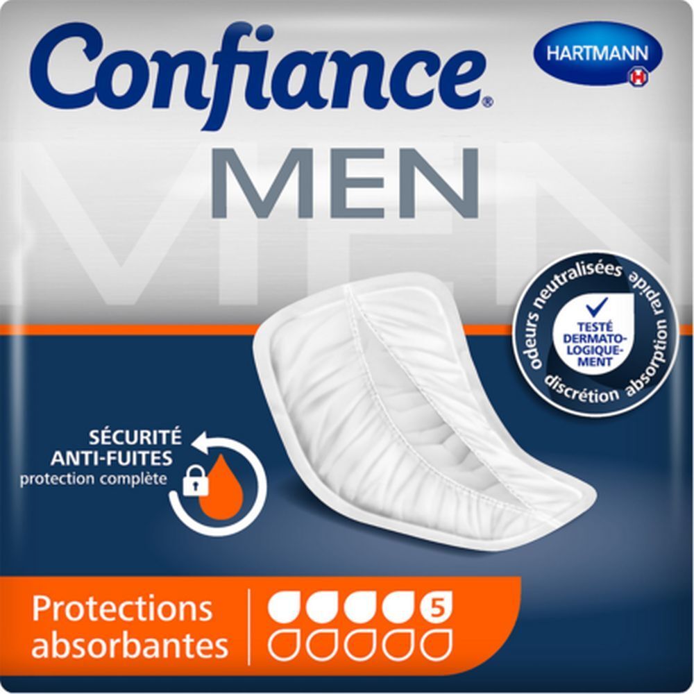 Protection absorbante masculine blanche. Inscription: Confiance MEN, Hartmann. 5 gouttes d'absorption.