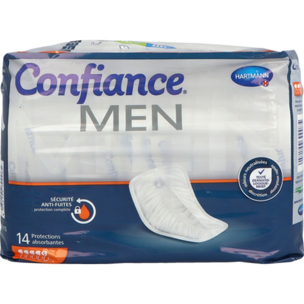 Paquet de protections absorbantes pour hommes. Inscription: Confiance MEN, Hartmann. 14 protections. Forme anatomique.