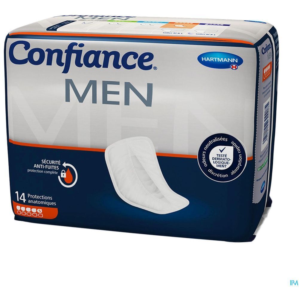 Paquet de protections absorbantes pour hommes. Inscription: Confiance MEN, Hartmann. 14 protections. Forme anatomique.