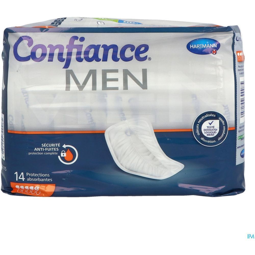 Paquet de protections absorbantes pour hommes. Inscription: Confiance MEN, Hartmann. 14 protections. Forme anatomique.