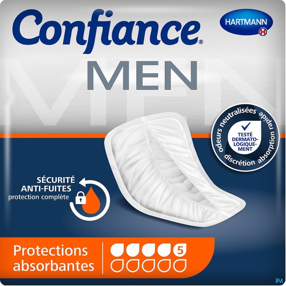 Protection absorbante masculine blanche. Inscription: Confiance MEN, Hartmann. 5 gouttes d'absorption.