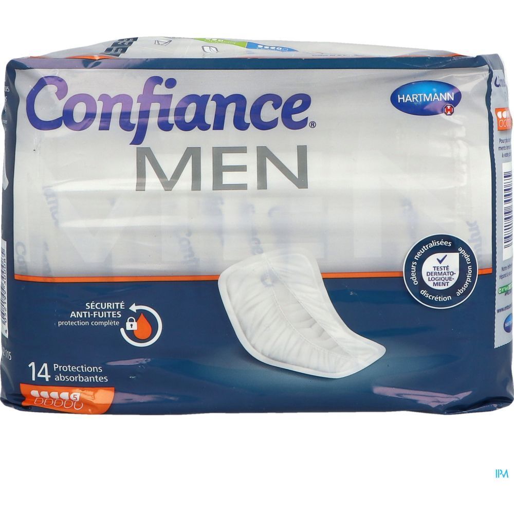 Paquet de protections absorbantes pour hommes. Inscription: Confiance MEN, Hartmann. 14 protections. Forme anatomique.
