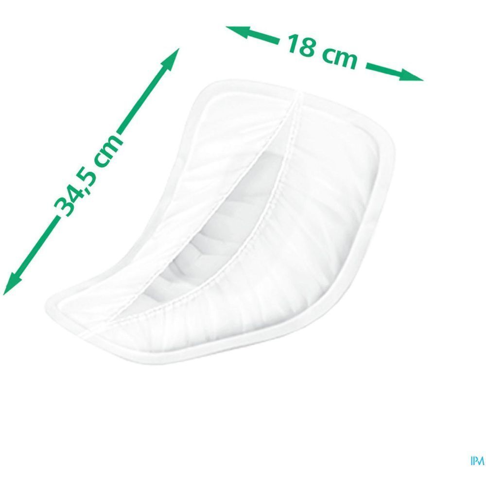 Protection absorbante blanche, anatomique. Dimensions: 34,5 cm x 18 cm. Flèches indiquant les mesures.