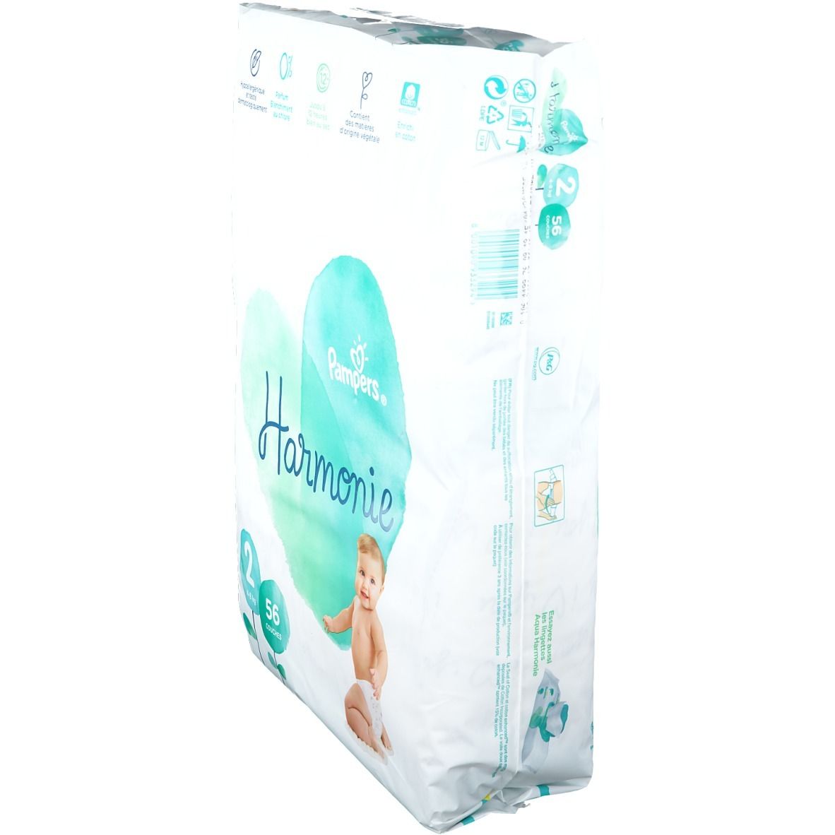 Paquet de couches Pampers Harmonie Taille 2, vue latérale. Inscriptions: Harmonie, bébé, 56 couches, 4-8 kg.