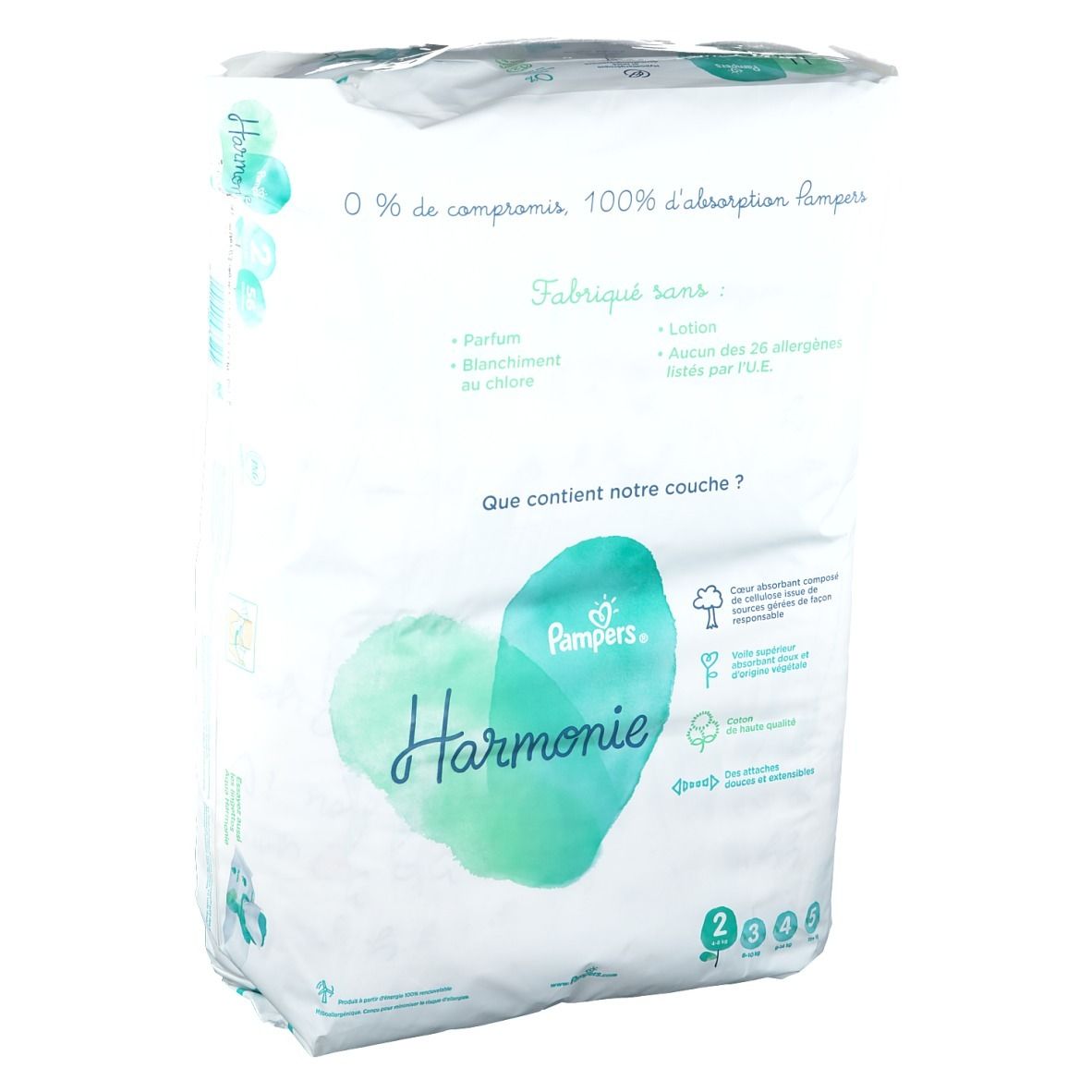 Paquet de couches Pampers Harmonie Taille 2. Inscriptions: Harmonie, bébé, 56 couches, 4-8 kg, 0% parfum, sans lotion.