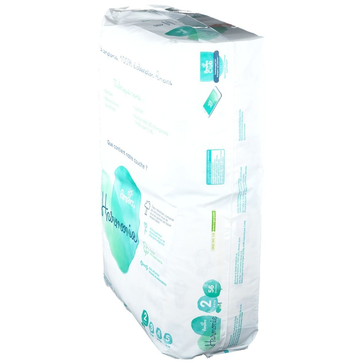 Paquet de couches Pampers Harmonie Taille 2, vue latérale. Inscriptions: Harmonie, 56 couches, 4-8 kg.