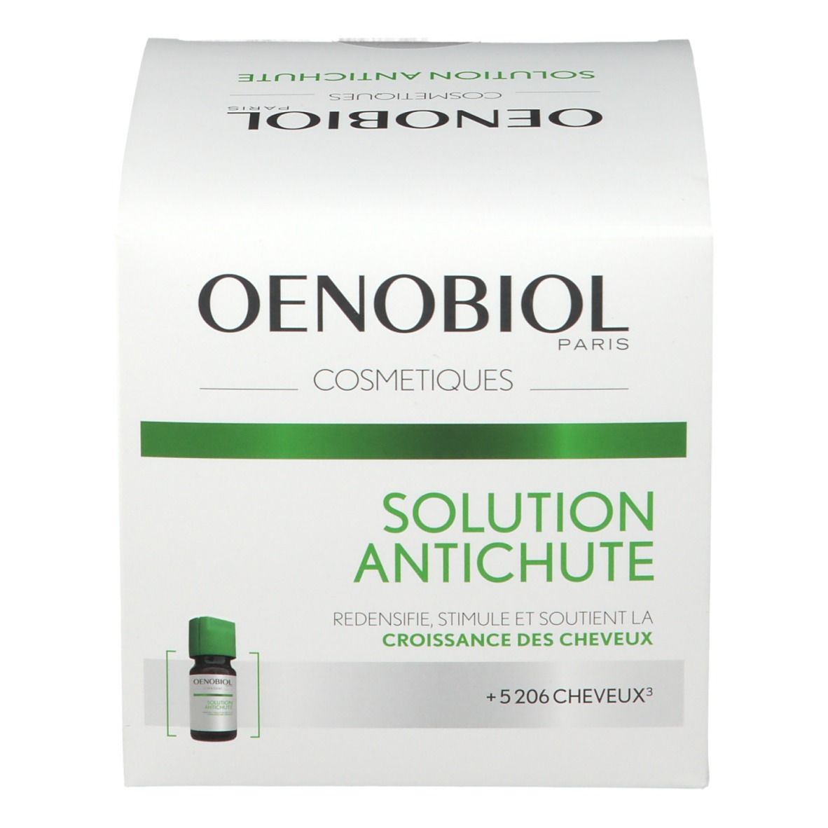 Boîte blanche et verte. Oenobiol Cosmetics, Solution Antichute. Illustration d'une ampoule. Texte : +5206 cheveux.