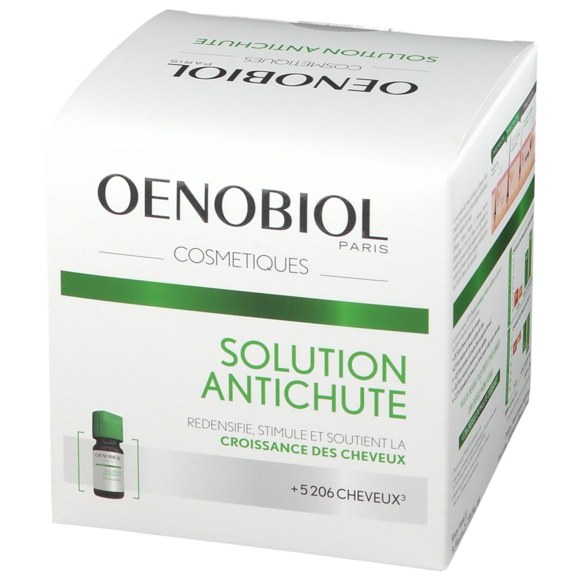 Boîte blanche et verte. Oenobiol Cosmetics, Solution Antichute. Illustration d'une ampoule. Texte : +5206 cheveux.